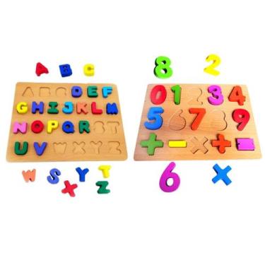 Imagem de Brinquedo Educativo de Encaixar Peças Letras e Números em Madeira - DM