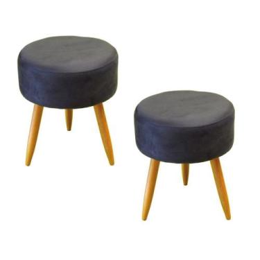 Imagem de Kit 02 Puffs Banqueta Redondo Classic Suede Cinza Grafite Pés Madeira 