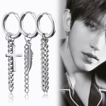 Imagem de Kit 3 Pçs Brincos De Argola Prata Cruz pena click masculino feminino e