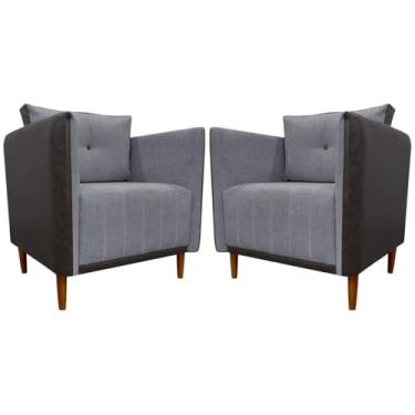 Imagem de Kit 2 Poltronas Decorativas Para Sala e Recepção Aviv Corino Marrom e Linho Premium Cinza