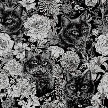 Imagem de Livelynine Papel de parede de gato de 44,5 x 701 cm preto e branco vintage floral com animais gótico vitoriano legal gatos preto impressão gato preto papel de contato para paredes mural de parede