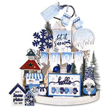 Imagem de Kajaia 15 peças conjunto de decoração de bandeja em camadas de Natal placas de madeira de cacau quente de inverno mesa placa de bloco de madeira mesa de férias peça central para decoração de mesa de natal para casa (floco de somve)