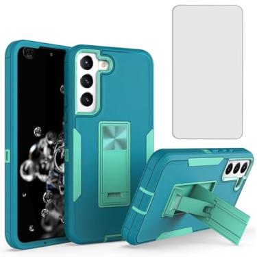 Imagem de Vokuha Capa para Galaxy S22, capa para Samsung S22 5G SM-S901U com protetor de tela de vidro temperado, capa protetora híbrida com suporte magnético integrado para Samsung Galaxy S22 5G azul-petróleo