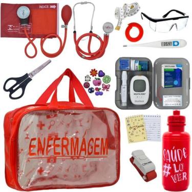 Imagem de Kit Bolsa Transparente Aparelho de Pressão Aneroide Medidor de Glicose