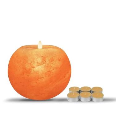 Imagem de Suporte de vela de sal do Himalaia com 6 velas Tealight - Suporte de pedra de sal de cristal natural para decoração de casa, relaxamento e purificação do ar - Conjunto de presente ideal