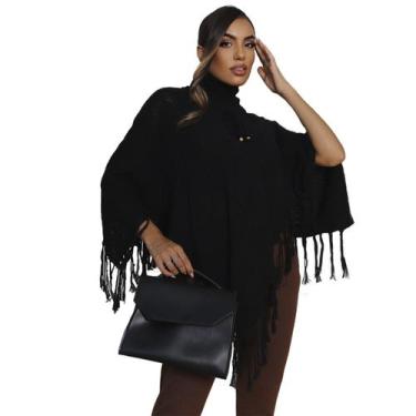 Imagem de Poncho Feminino Inverno Tricot Gola Alta Bico Franjas Luxo - Swiss Bou