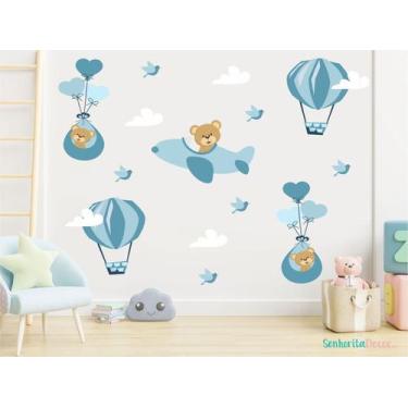 Imagem de adesivo de parede urso aviador balão bexiga pássaros azul - Senhorita 