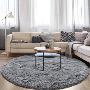 Imagem de FlyDOIT Tapete redondo cinza para quarto, tapete super fofo para berçário, tapete peludo de 1,5 m x 1,5 m para quarto de crianças, tapete felpudo fofo e macio para decoração de casa para meninas, tapete felpudo para dormitório