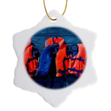 Imagem de 3dRose Water Safety Goes First Orange Life Saving Jackets On A Blue Wall Snowflake Ornament, 7,6 cm