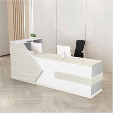 Imagem de Mesa de recepção de madeira moderna com balcão e gaveta com trava, recepção de salão L-Shap, varejo, escritório, lobby, balcão de recepção, balcão de recepção, fácil de montar, branco, 244 x 2