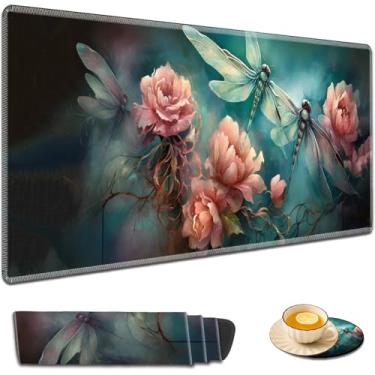 Imagem de Mouse pad grande, mousepad estendido para jogos de 80 x 30 cm, base de borracha antiderrapante e com costura na borda dobrável, tapete para escrita, escritório e casa, rosas libélula
