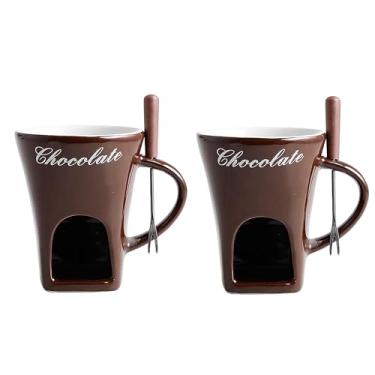 Imagem de ABPWO Caneca de fondue de chocolate, canecas de cerâmica para chocolate ou queijo, conjunto de copos de fondue de chocolate com garfos, ótimo para encontros noturnos, aniversários e presentes de