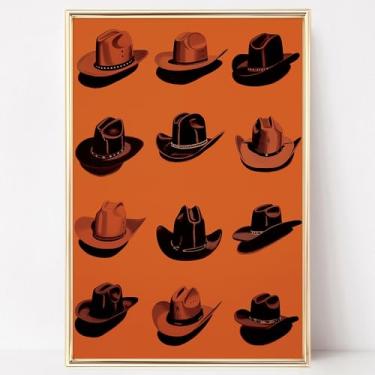 Imagem de Arte de arte ocidental funky arte de parede ocidental pintura laranja chapéu de cowboy pôster imagens laranja e preto tela de cowboy ocidental impressão retro ocidental para quarto 40,6 x 61 cm sem