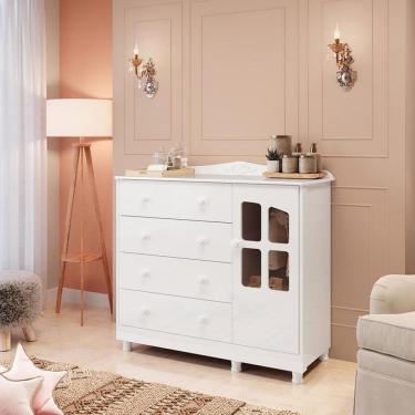 Imagem de Cômoda Infantil 4 Gavetas 1 Porta com Janela 100 MDF Elo Móveis Peroba