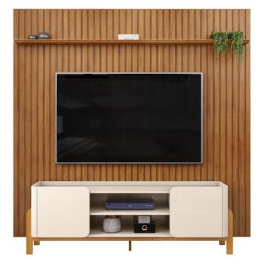 Imagem de Painel TV 75 Pol Ripado 250cm e Bancada Chest D04 Off/Freijó - Mpozena