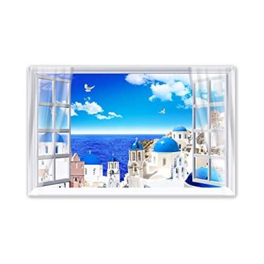 Imagem de JZSDGB Arte de parede em tela de janela aberta emoldurada pronta para pendurar Vista de janela falsa. Pintura de paisagem - Imagens de praia do mar Egeu - Impressão natural em tela - Arte de cenário