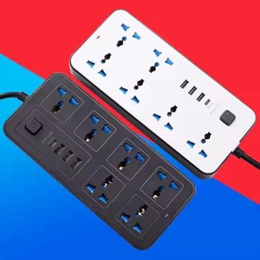 Imagem de Régua de Energia com 6 Tomadas, 4 Entradas Universais, 3 Portas USB, Preto e Branco