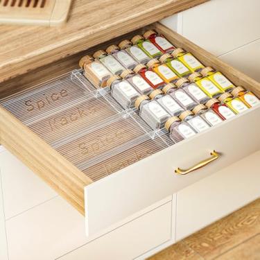 Imagem de Pantasia Organizador de gaveta de especiarias de 2 camadas, pacote com 4, expansível de 28 a 56 cm, suporte de especiarias de acrílico transparente para gaveta, organizador de temperos comporta até 48