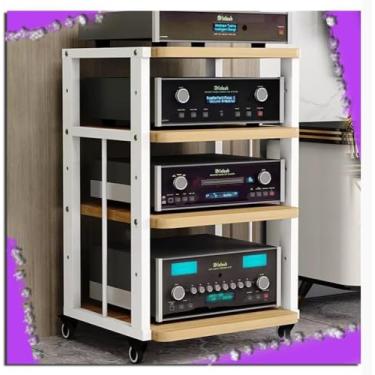 Imagem de Prateleira de armazenamento de áudio/vídeo, suporte de mídia com roda de freio, torre de áudio, prateleiras ajustáveis, armário de componentes de áudio de canto para componentes de entretenimento,