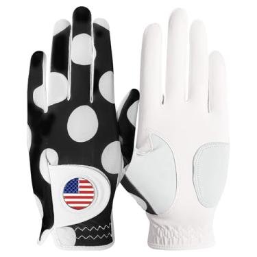 Imagem de Luvas de golfe femininas mão esquerda direita com marcador de bola pacote magnético de couro para chuva, luva macia impressa para todas as condições climáticas respirável tamanho pequeno médio grande GG (mod pont, médio desgastado na mão esquerda)