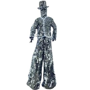 Imagem de Earthradius Fantasia espelhada de lantejoulas andador de palafitas LED robô fantasia DJ festa show dança festa fantasia ouro vermelho (prata SEM LED, M)