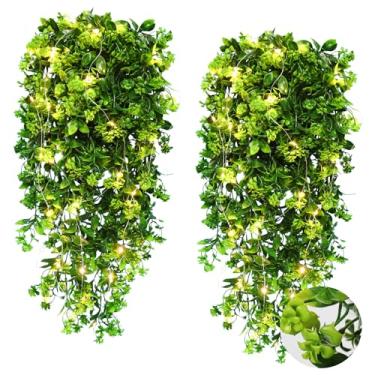 Imagem de RECUTMS Plantas Artificiais Penduradas Para Ambientes Internos, Plantas Artificiais Para Ambientes Externos, Grandes, 2 Peças De Vegetação Pendurada Com Luzes Led, Cordas, Flores De Rosas De Seda, F