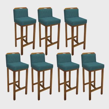 Imagem de Kit 07 Banqueta Alta Com Encosto Simon Cozinha Balcão Bistrô Base Madeira Rústico Suede Azul Turquesa - Ahz Móveis