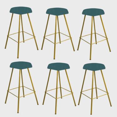 Imagem de Kit 06 Banqueta Alta Lari Eiffel Hexágono Cozinha Bar Balcão Bistrô Ferro Dourado Suede Azul Turquesa - Ahz Móveis