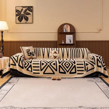 Imagem de Capa de sofá HANDONTIME Boho preta e branca para sofá de 3 almofadas