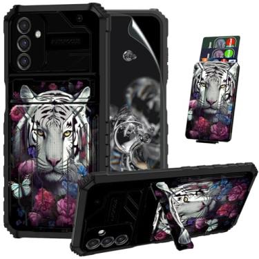 Imagem de ACWDMKH Capa para Galaxy A54 5G com protetor de tela, suporte e suporte para cartão para Samsung Galaxy A54 5G, capa híbrida de camada dupla para Galaxy A54 5G, floral tigre branco