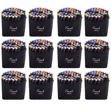 Imagem de Caneta Marcador Permanente 48 Cores Estojo Ponta Dupla Kit 12 unidades Desenho Pintura Arte Trabalho Escola Desenho Estudante Lazer