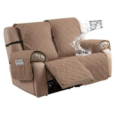 Imagem de Genina Capa de sofá poltrona reclinável antiderrapante, capa de sofá para sofá reclinável 2 assentos, capas de poltrona dupla capa protetora de móveis reclináveis com tiras elásticas para animais de estimação (camelo, poltrona reclinável)