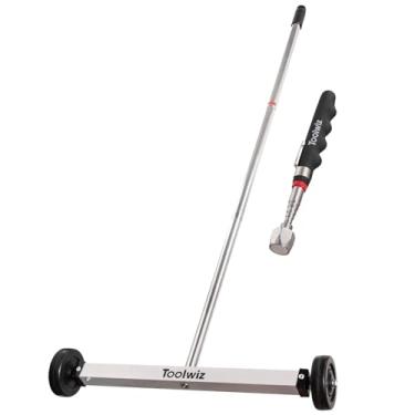 Imagem de Toolwiz Vassoura magnética rolante de 43 cm, 4 kg, com ferramentas magnéticas telescópicas de 7,3 kg – Varredor leve com rodas para pregos, parafusos e detritos metálicos, uso doméstico, oficina