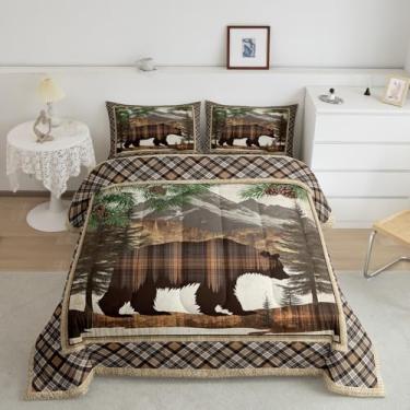 Imagem de Feelyou Conjunto de cama com urso, para meninas, meninos, crianças, tamanho queen, rústico, urso, decoração de quarto, cabana, animais selvagens, búfalo, xadrez, marrom, 3 peças, macio