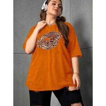 Imagem de Camiseta Unissex Cor Laranja Oversized Blusa Feminina Estampa Beijo On