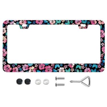 Imagem de Molduras fofas de placa de licença flores de hibisco moldura de placa de licença com parafusos camisa havaiana aloha metal engraçado suporte de capa de placa de carro 6,3 x 31,2 cm para decoração de
