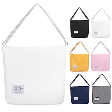 Imagem de Frenou Bolsa feminina grande de lona feminina casual transversal ombro sacola com zíper branco, Branco, Medium