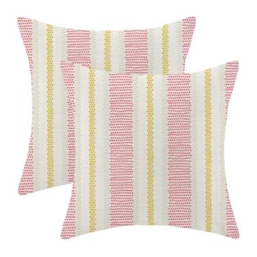 Imagem de Capas de almofada rosa choque amarelo verão ao ar livre 45,7 x 45,7 cm, decoração boho com bolinhas listradas, almofadas para sofá-cama, geométrico, moderno, casa de fazenda, capa de almofada de linho