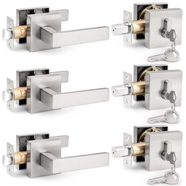 Imagem de Probrico Conjunto de fechaduras de porta externa com fecho, maçaneta de passagem da porta frontal e conjunto de fechadura de cilindro duplo, maçaneta quadrada com fechadura de fechadura de ambos os