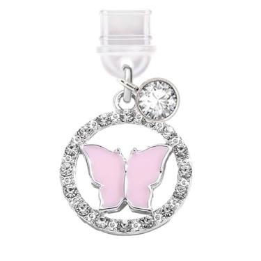 Imagem de ELISE & FONDA TP629 Tipo-C porta de carregamento antipoeira pequeno círculo de cristal pingente de telefone borboleta para iPhone 15/16/Samsung/OnePlus/Xiaomi/oppo telefones Android (rosa), approx