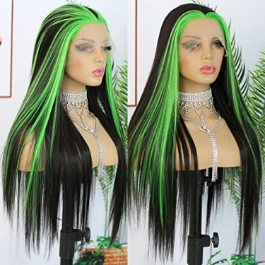 Imagem de ANDRIA Lace Front Wigs Cabelo Liso Sem Cola Sintético Longo Seda Natural Peruca Fibra Resistente Ao Calor Preto E Verde Listra De Gambá Colorido Com Bebê Para Mulheres 24"