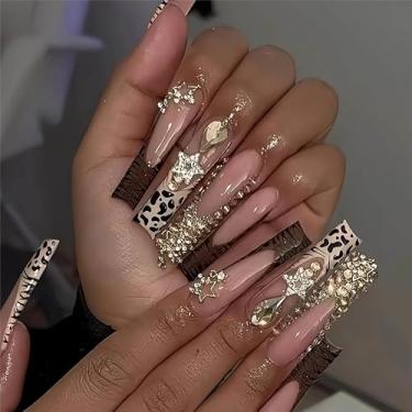 Imagem de RTKHFZE Unhas Postiças De Pressão Longa Quadradas Extragrandes Com Pontas Francesas E Desenhos, Cola Falsa Brilhante, Acrílico Cobertura Total Para Mulheres, 24 Peças Artificiais