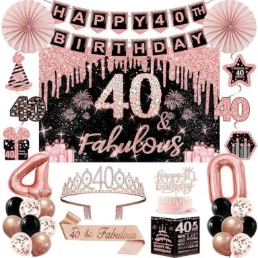Imagem de Juesly Decorações De 40º Aniversário Para Mulheres, 32 Peças Decoração Festa, Incluindo Cenário, Coroa, Faixa, Espiral Pendurar, Topo Bolo, Balões, Leques Papel, Cartão E Papel