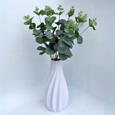 Imagem de Arranjo de Eucalipto Verde Artificial 45cm com Vaso Ondulado – Decoração Sofisticada para Casa e Escritório (Branco)