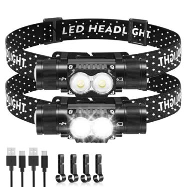 Imagem de LOQOMI Pacote com 2 faróis recarregáveis, lâmpadas LED de 1200 lúmens com 4 modos de luz, à prova d'água IPX6, lâmpadas de alto lúmen superbrilhantes, com alça de cabeça ajustável para corrida