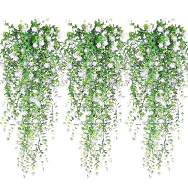 Imagem de Flores artificiais penduradas, 3 peças de plantas falsas para pendurar, videiras artificiais para ambientes externos, videira de hera falsa, resistente a UV, não desbota, plantas falsas para decoração