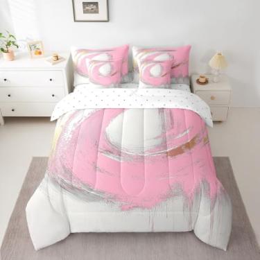 Imagem de Feelyou Conjunto de edredom branco e rosa, abstrato, moderno, arte abstrata, 7 peças, tamanho king, geométrico, minimalista, para crianças, meninos, meninas, em uma bolsa