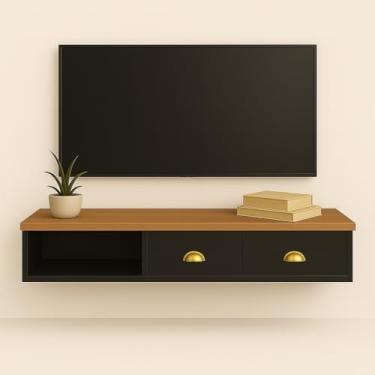 Imagem de Rack Para Tv Suspenso Compacto com 2 Gavetas e Nicho - Cores (NATURE/PRETO)