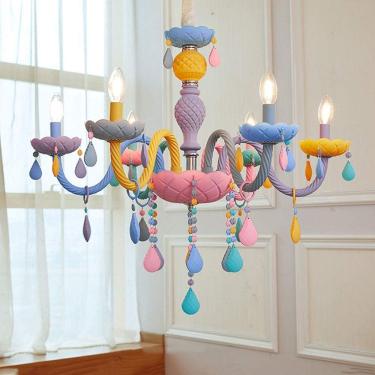 Imagem de Lustres De Cristal Colorido Pingente De Luz Priess Decoração De Quarto Lâmpada Pendente Vela Lâmpadas Pendentes Para Quarto Quarto De Crianças, 6 lights