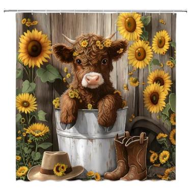 Imagem de JIRGIXA Cortina de chuveiro rústica de vaca Highland com girassol, vintage, porta de celeiro, caubói do oeste, animal de fazenda, vaca ocidental, tecido, decoração de banheiro, cortina com ganchos